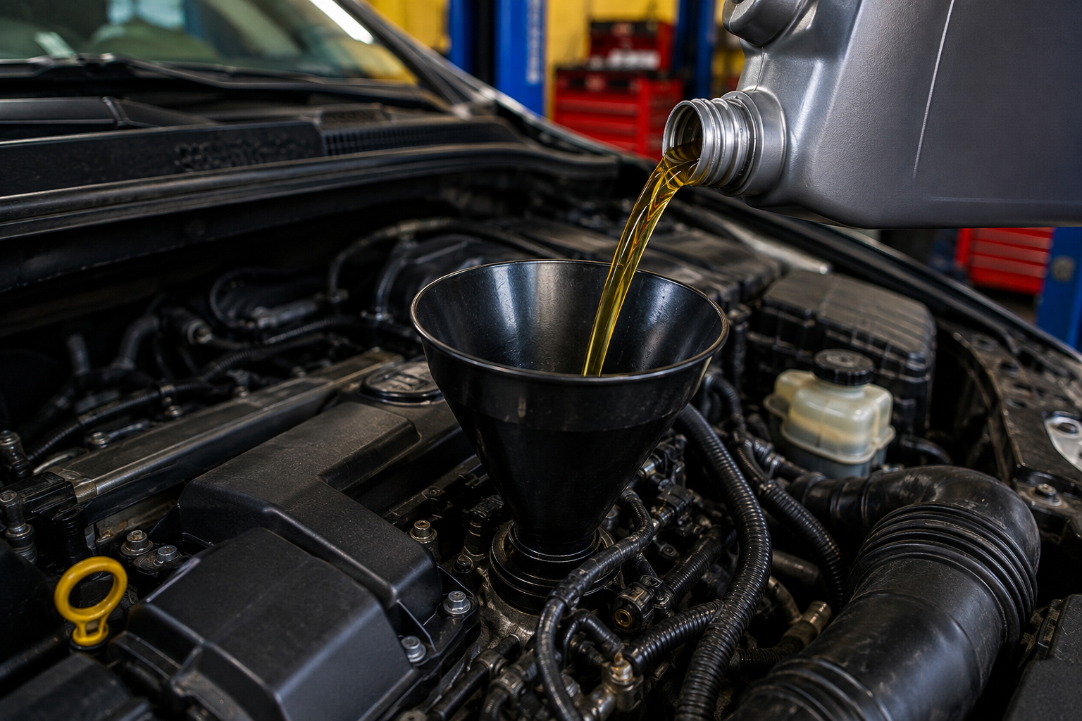 Fresh motor oil poured into an engine during an oil change