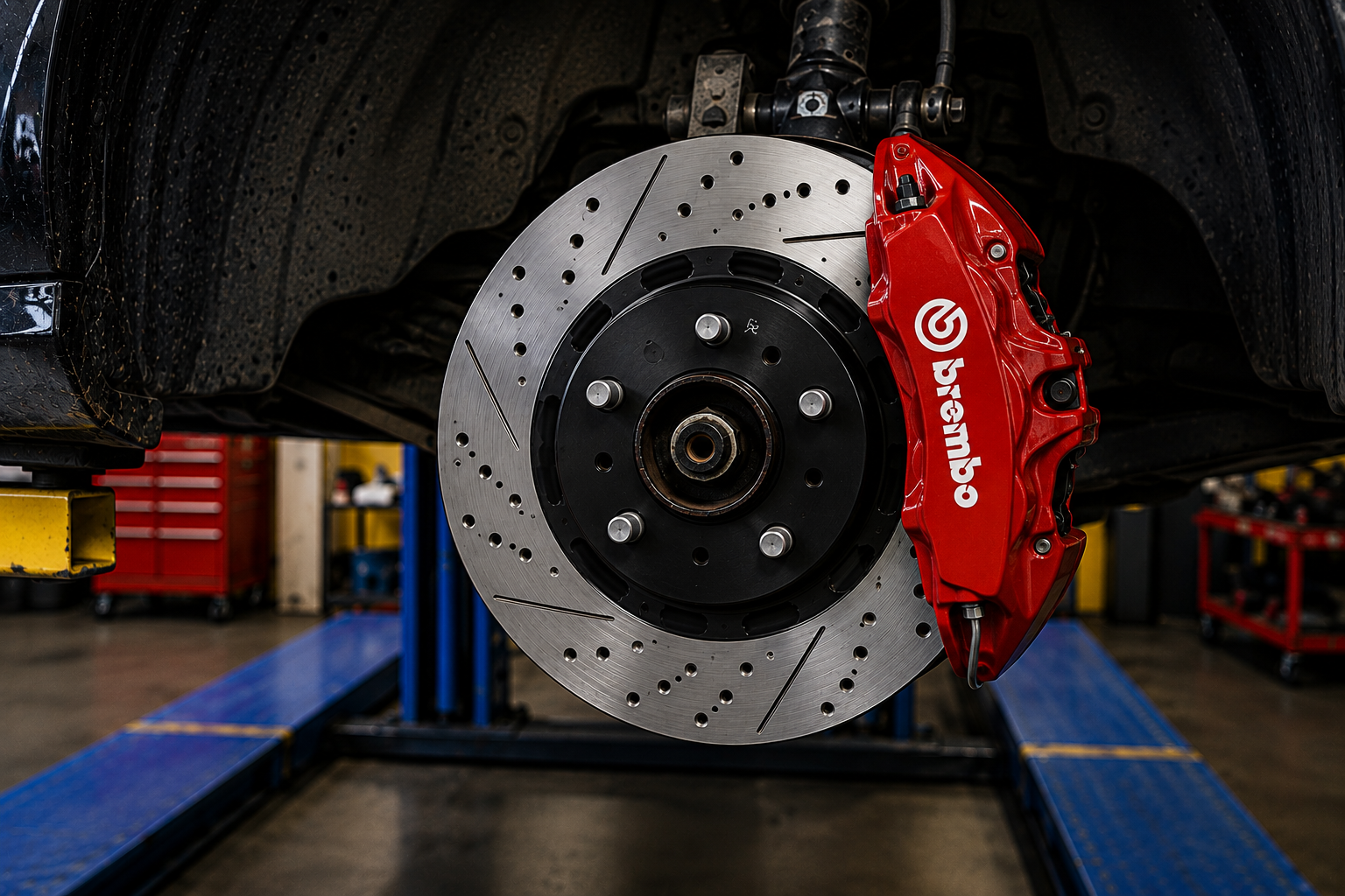 Red brake caliper and drilled rotor during a brake service at Lopez Tire