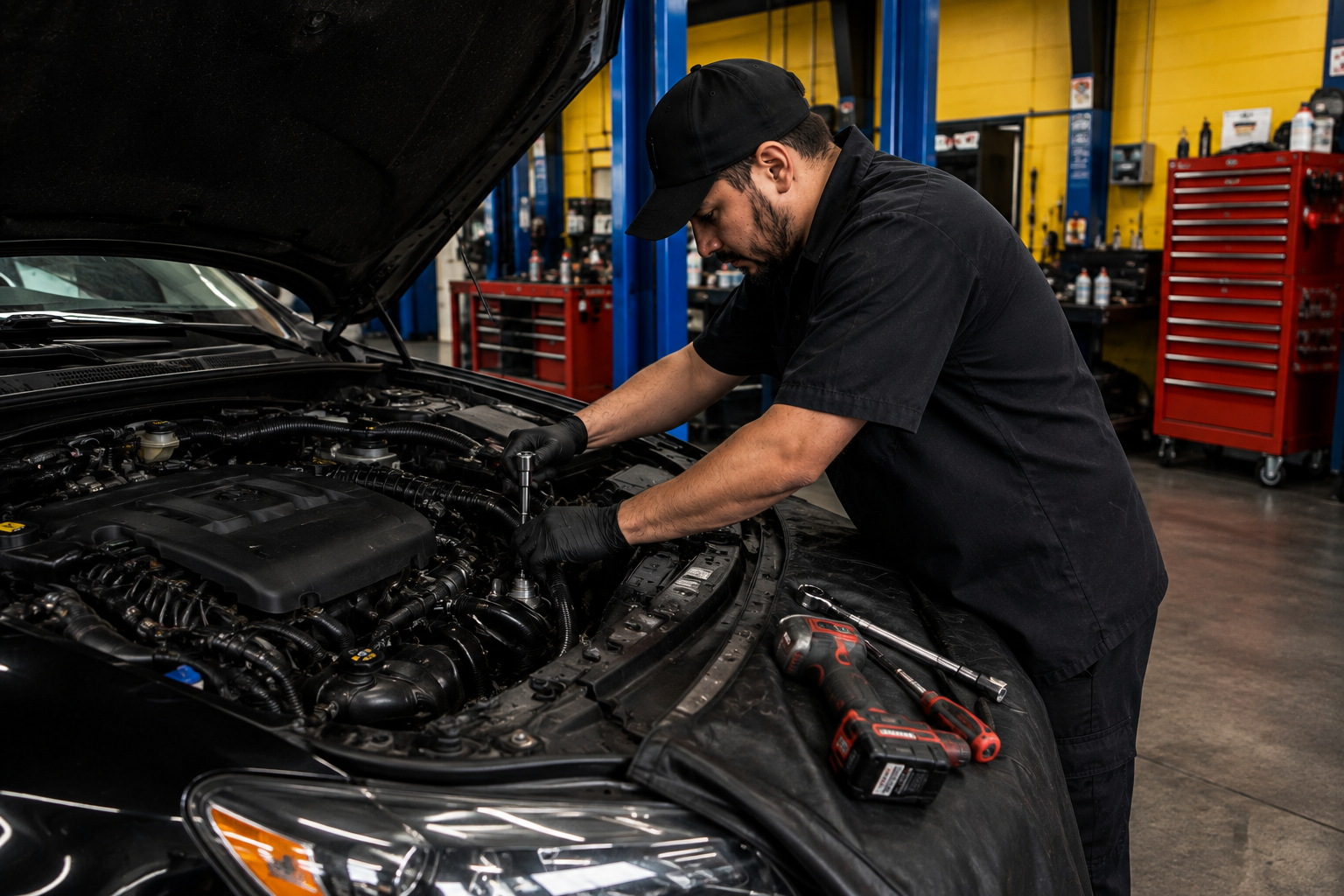 Mechanic working under the hood during a general auto repair